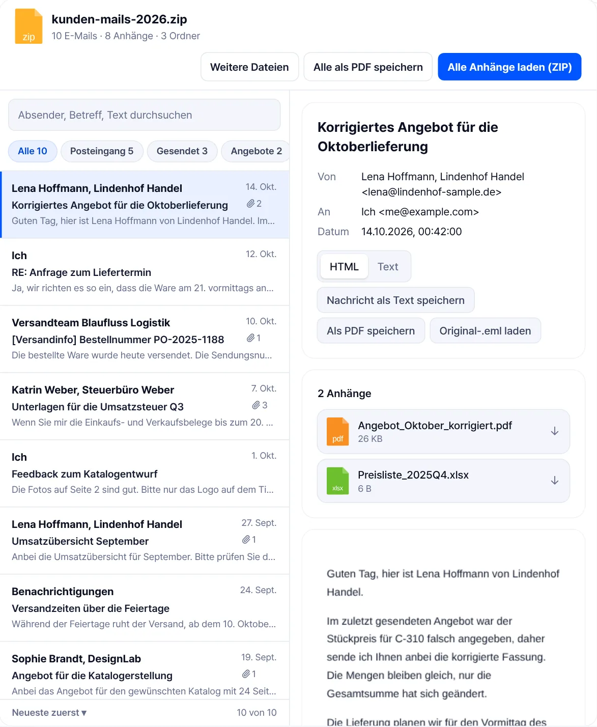 Der EML-Viewer als Postfach: oben die Ordnerfilter Posteingang, Gesendet und Angebote, links die Liste der Mails, rechts die ausgewählte Mail.