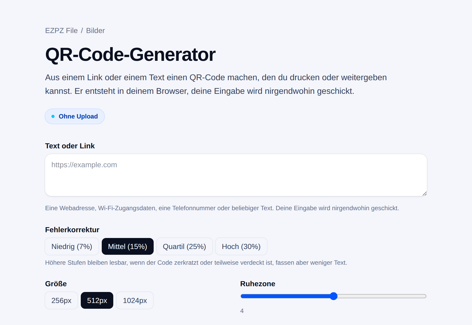 Der QR-Code-Generator von EZPZ File mit Textfeld und Einstellungen für Fehlerkorrektur, Größe und Rand.