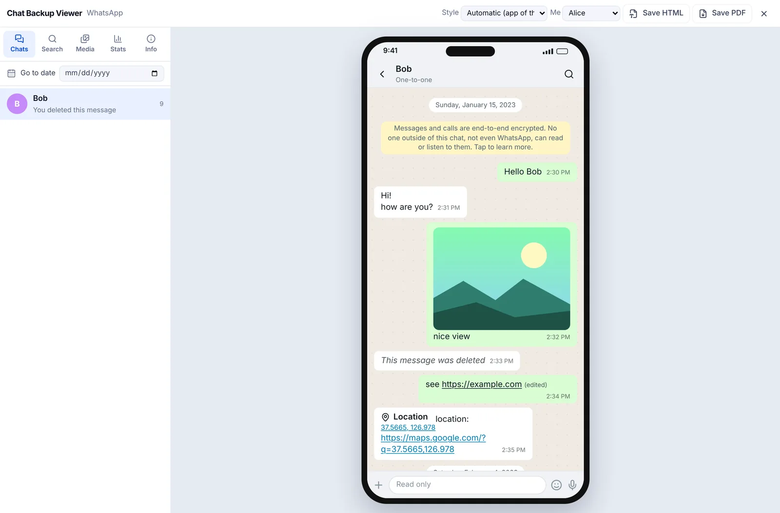 Chat Backup Viewer showing the WhatsApp sample chat: chat list on the left, green and white bubbles with a photo inside a phone shaped frame.