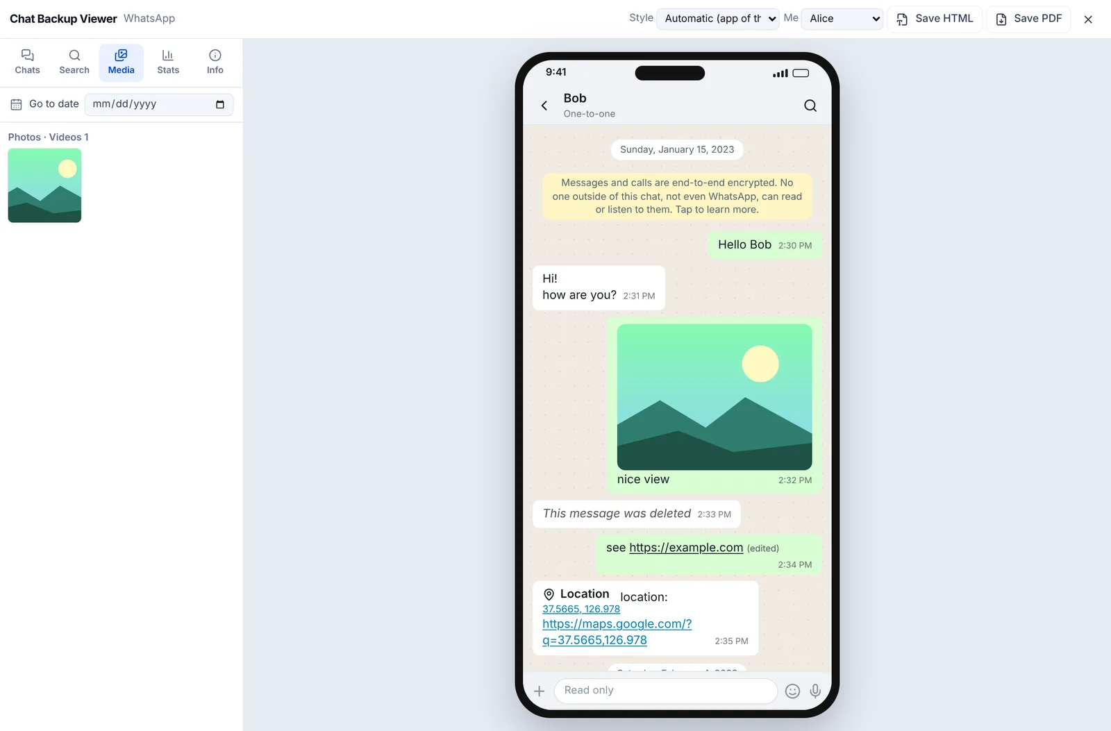The Media tab open: the photo from the WhatsApp sample appears on the left, and the same photo sits in the chat.
