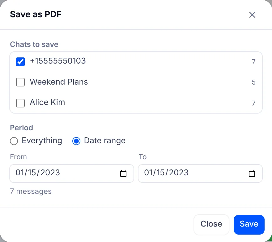 Save as PDF window with three chats to tick, Date range chosen under Period with From and To fields, and the message count below.