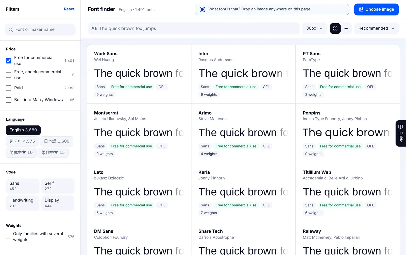 The EZPZ font list with the price filter set to free for commercial use only, showing 1,401 Latin fonts with Free for commercial use and OFL tags on the cards.