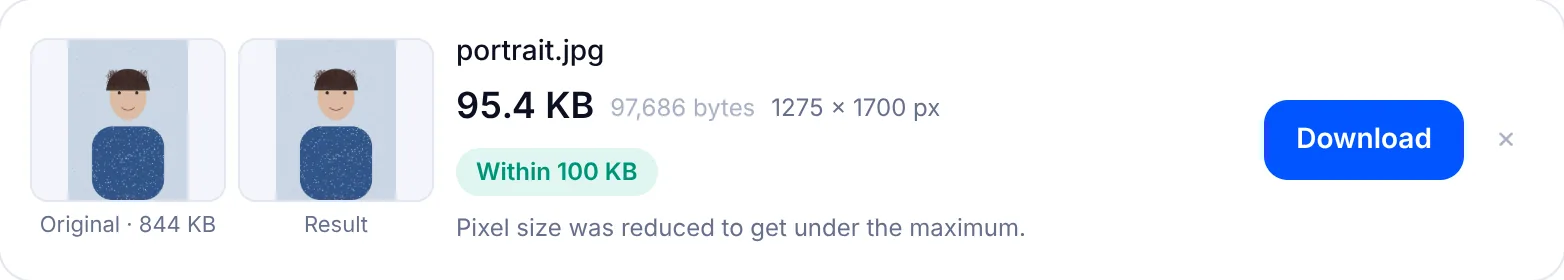 Result card with the image under 100 KB next to the original