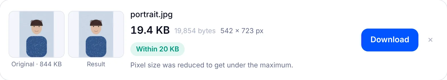 Result card with the JPG under 20 KB and its new pixel size