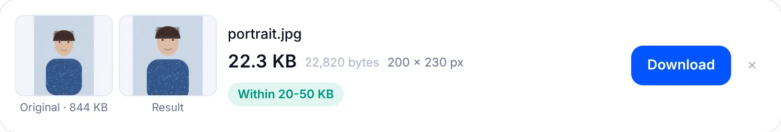 Result card showing the photo compressed to a size inside 20-50 KB with a green badge