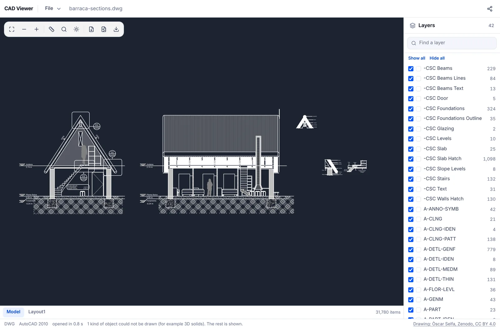 EZPZ CAD Viewer with the farmhouse section DWG sample open. The status bar at the bottom shows DWG, AutoCAD 2010 and a note about objects that could not be drawn.