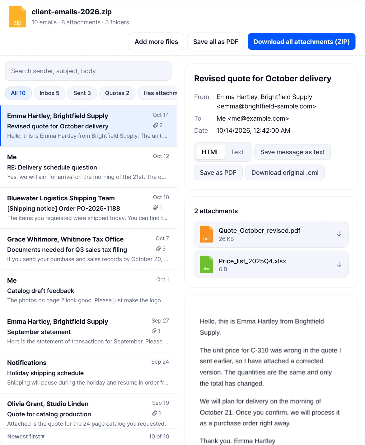 The EML viewer in mailbox mode: folder filters at the top, a list of emails on the left and the selected email open on the right.