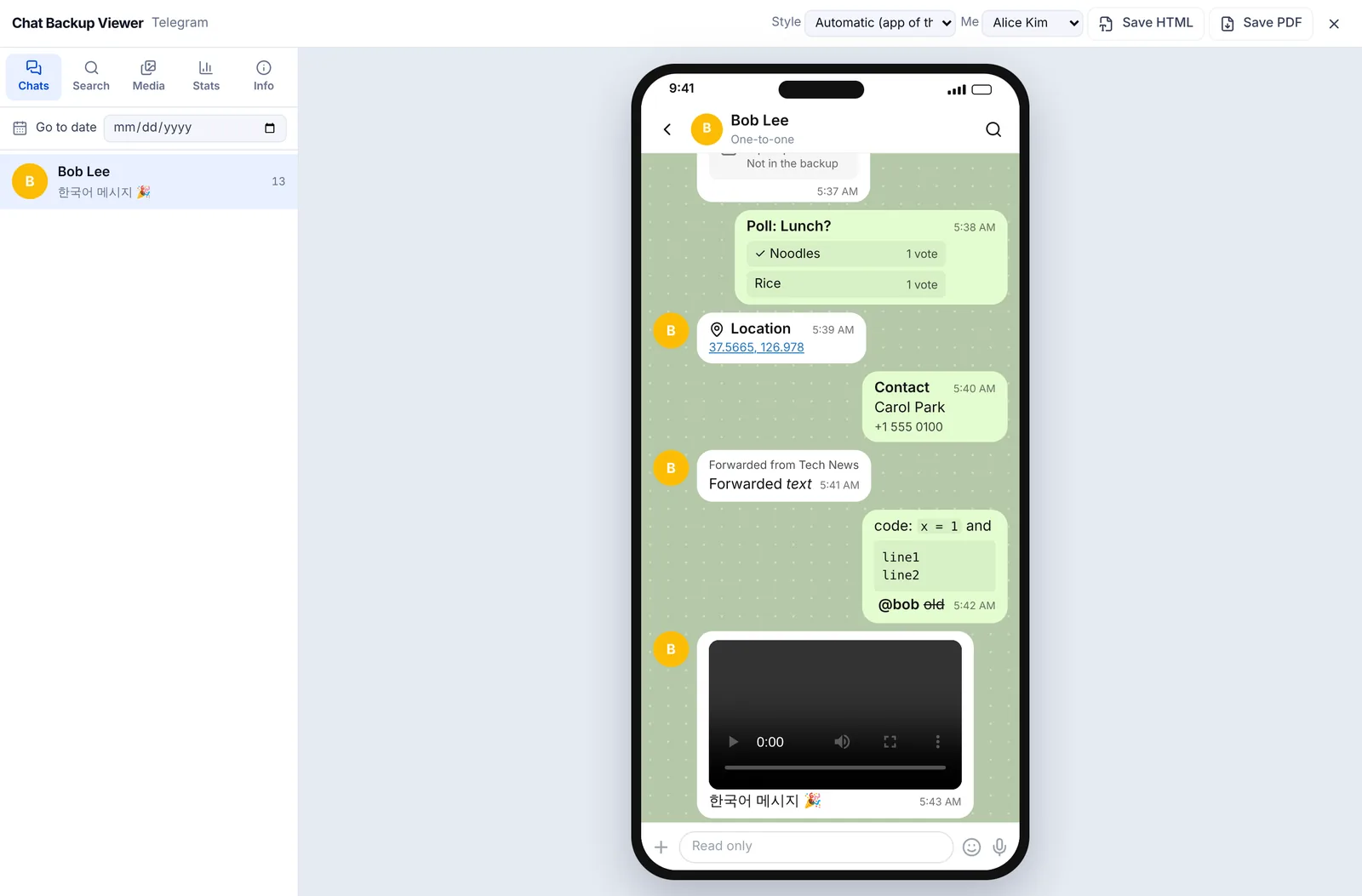 Chat Backup Viewer showing a sample Telegram JSON export, with a voice message, a sticker, a file, a poll, a location and a contact in Telegram style bubbles.