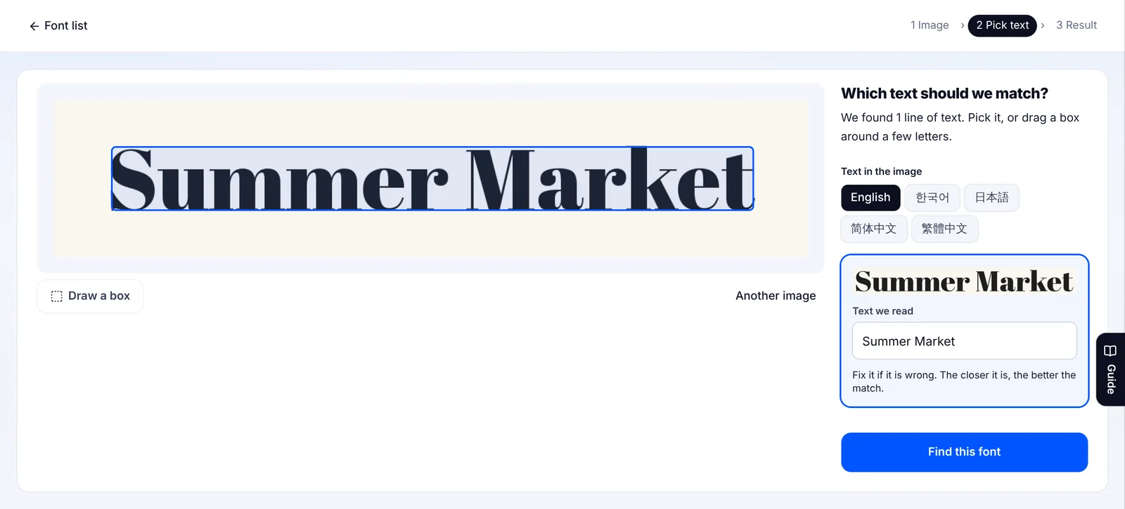 The pick text step in the EZPZ font finder. A test image reading Summer Market has its line of text outlined, and the same words appear in the Text we read box.