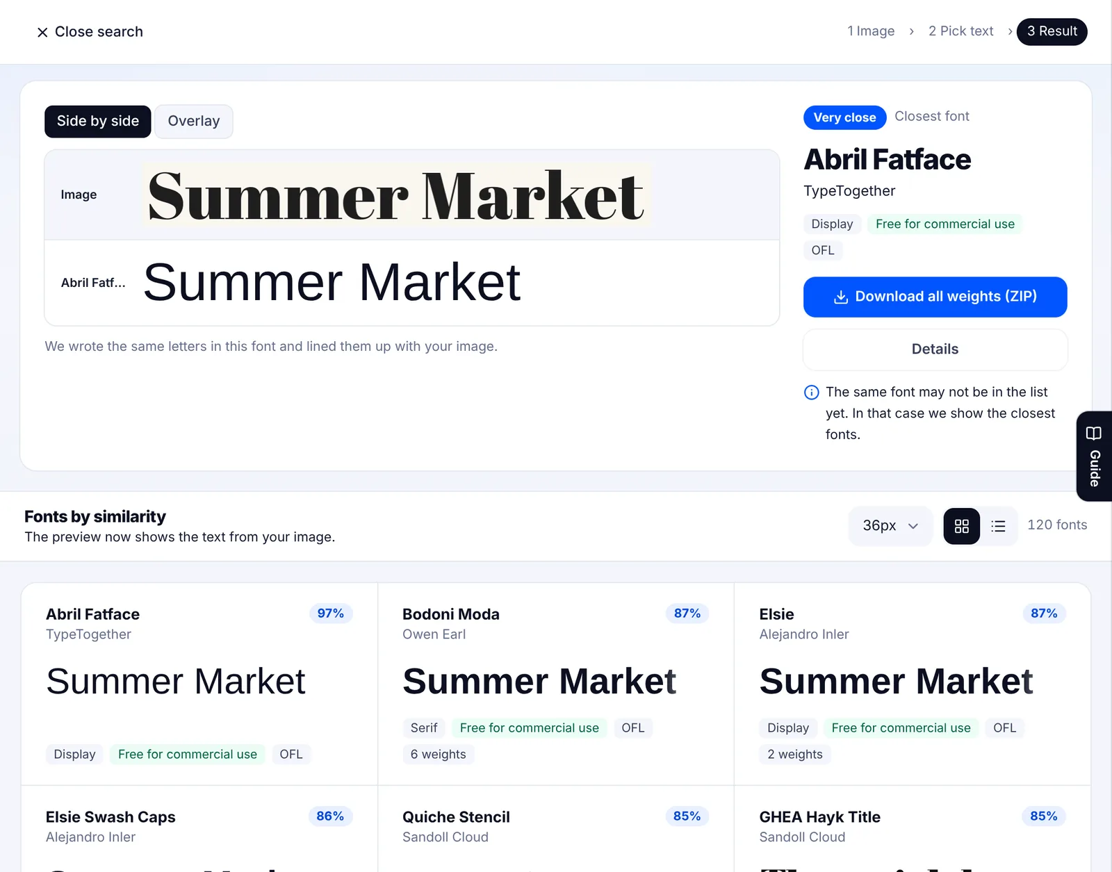 EZPZ font finder results. The test image sits above the same words set in Abril Fatface with a Very close label, and below it font cards are listed by similarity with percentages.