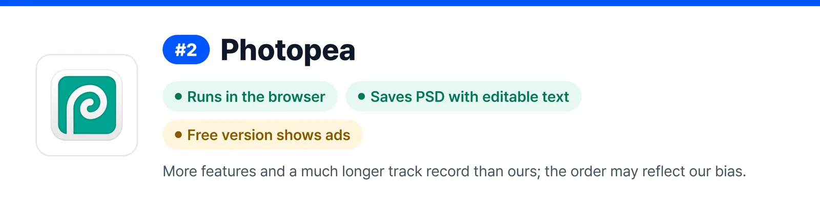 Banner for Photopea, ranked 2, summing up its strengths and weak spots (Runs in the browser, Saves PSD with editable text, Free version shows ads), to help you judge whether it suits a quick fix to a PSD file you received.