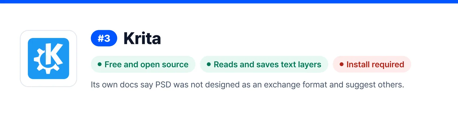Banner for Krita, ranked 3, summing up its strengths and weak spots (Free and open source, Reads and saves text layers, Install required), to help you judge whether it suits a quick fix to a PSD file you received.