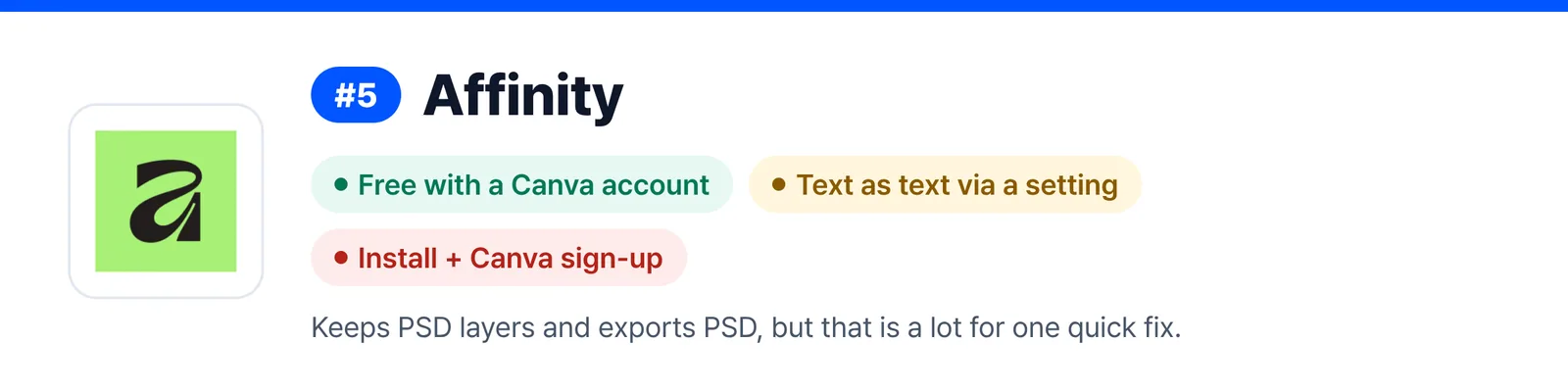 Banner for Affinity, ranked 5, summing up its strengths and weak spots (Free with a Canva account, Text as text via a setting, Install + Canva sign-up), to help you judge whether it suits a quick fix to a PSD file you received.