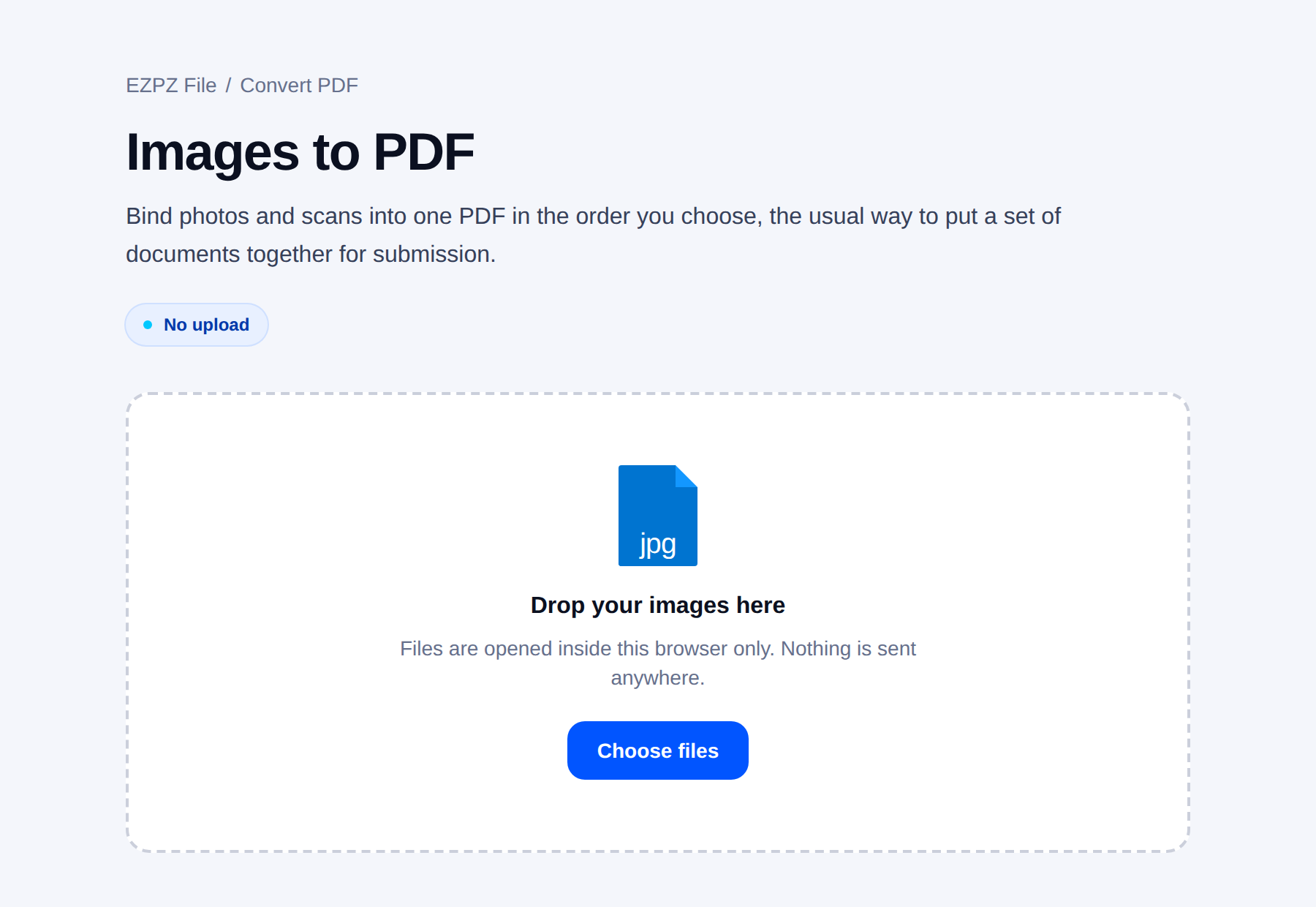 The EZPZ File image-to-PDF tool, with a drop area in the middle of the page.
