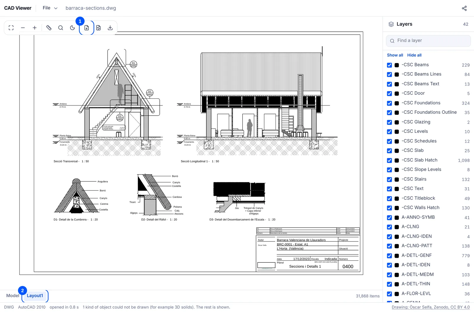 The Layout1 tab of a sample DWG with its border and title block, with numbered marks on the PDF button at the top and the layout tab at the bottom.