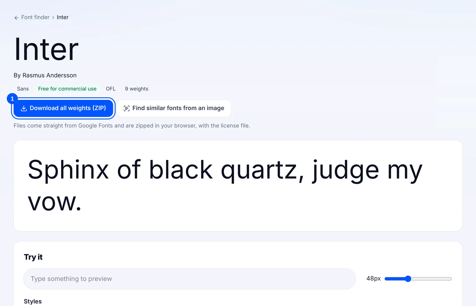 Inter font detail page with the Download all weights (ZIP) button and a note that the files come straight from Google Fonts with the license file