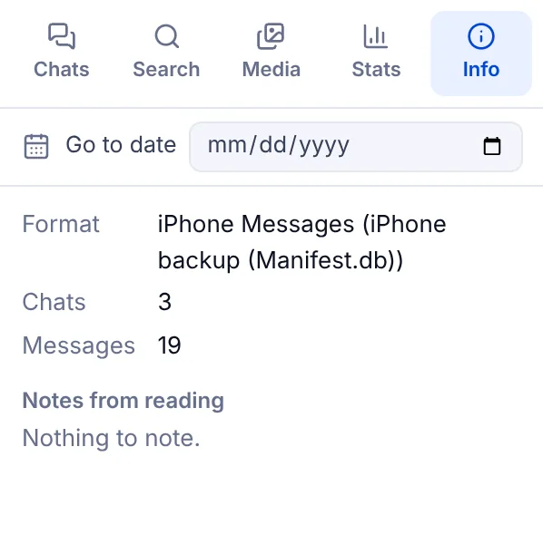 The viewer's Info tab showing the format as iPhone Messages (iPhone backup), 3 chats and 19 messages.