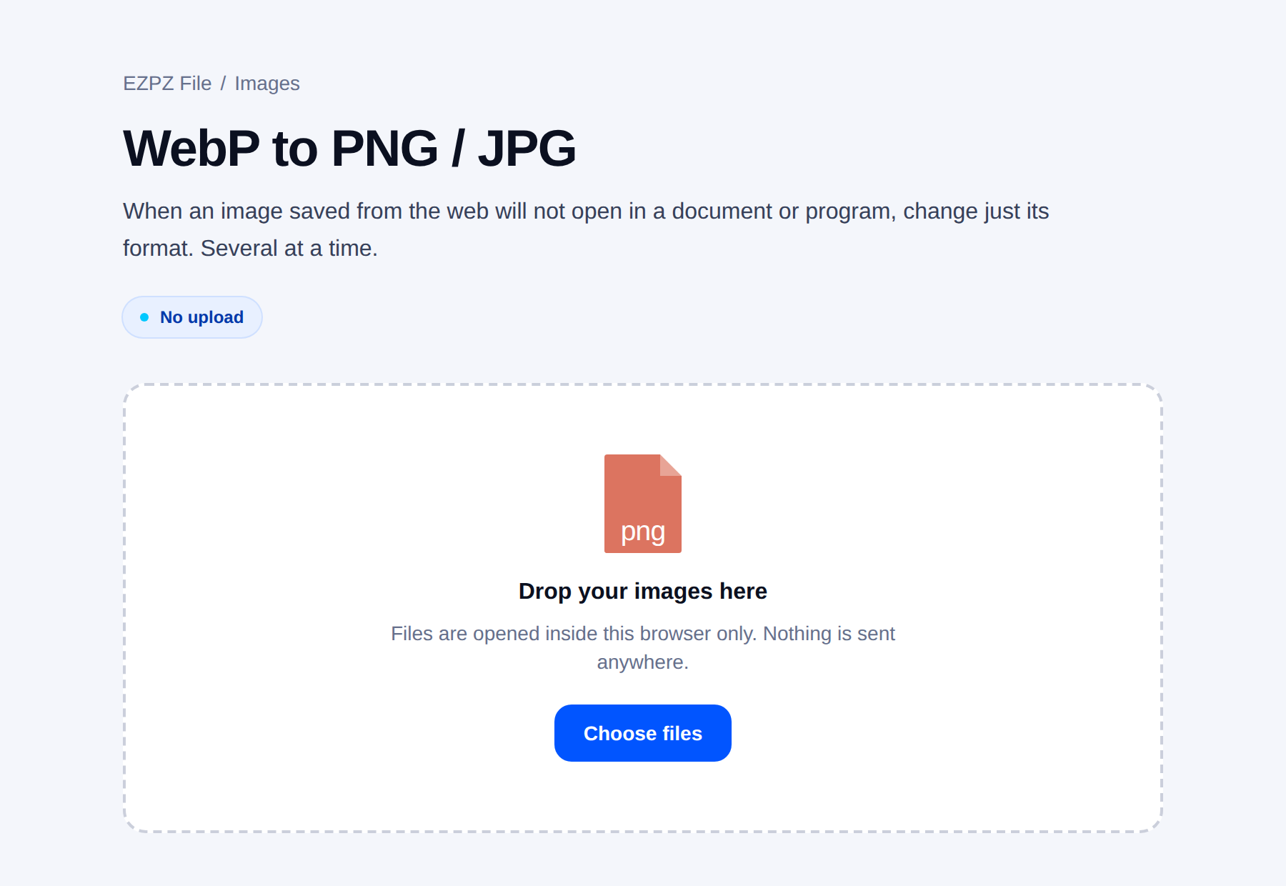 The EZPZ File WebP conversion tool, with a drop area in the middle of the page.