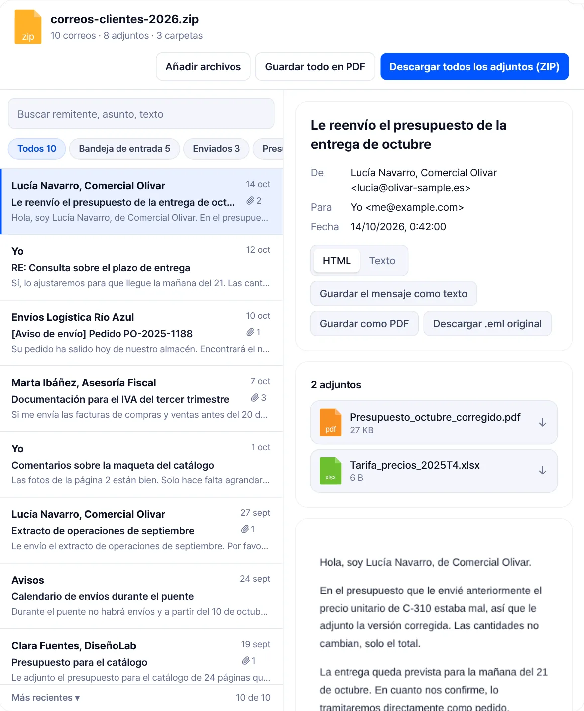 El visor EML en modo buzón: arriba, los filtros de carpeta Bandeja de entrada, Enviados y Presupuestos; a la izquierda, la lista de correos, y a la derecha, el correo seleccionado.