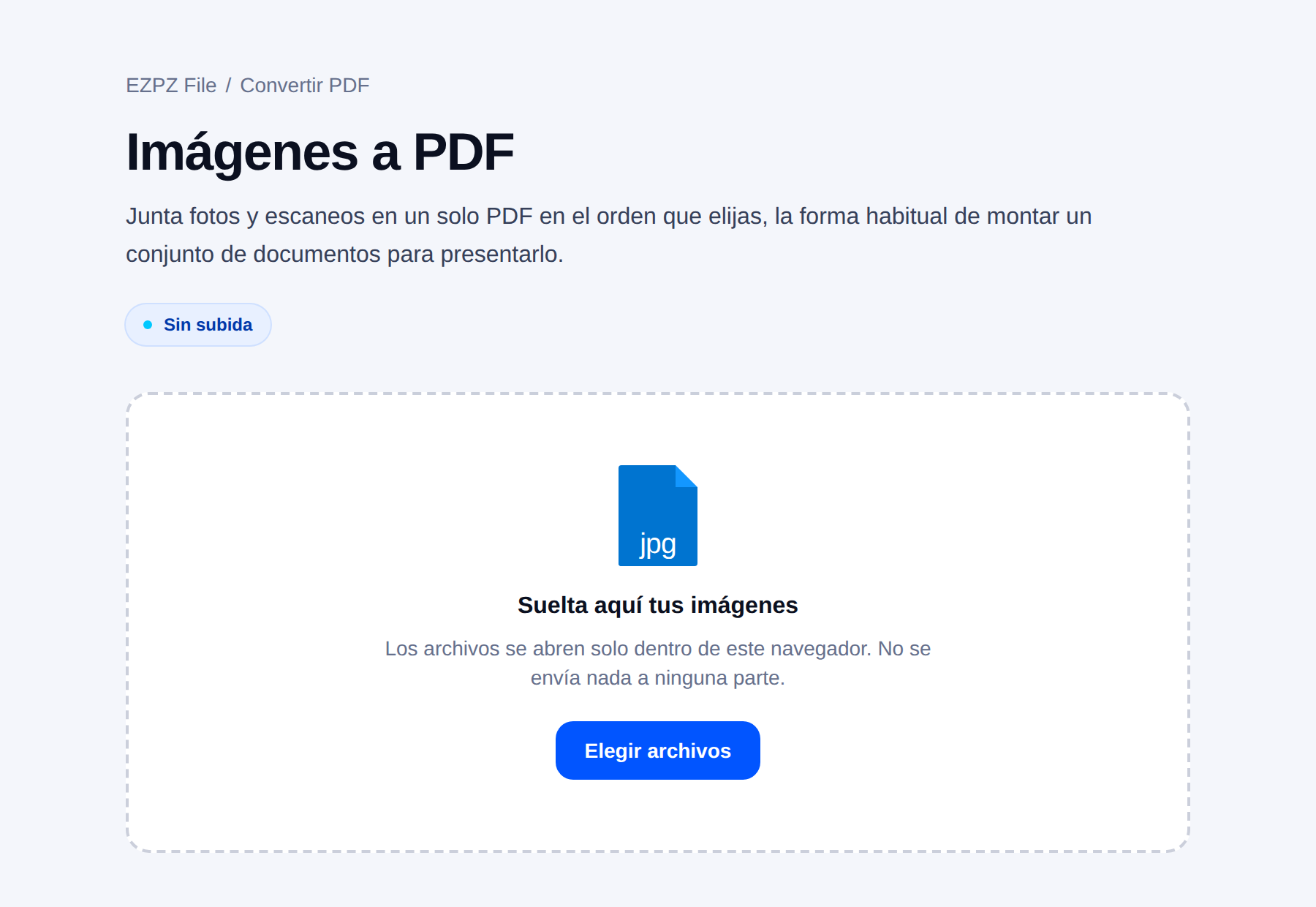 La herramienta de imágenes a PDF de EZPZ File, con una zona para soltar archivos en el centro.