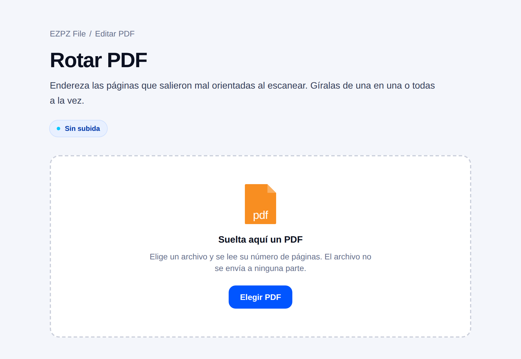 La herramienta de rotación de PDF de EZPZ File, con una zona para soltar archivos en el centro.