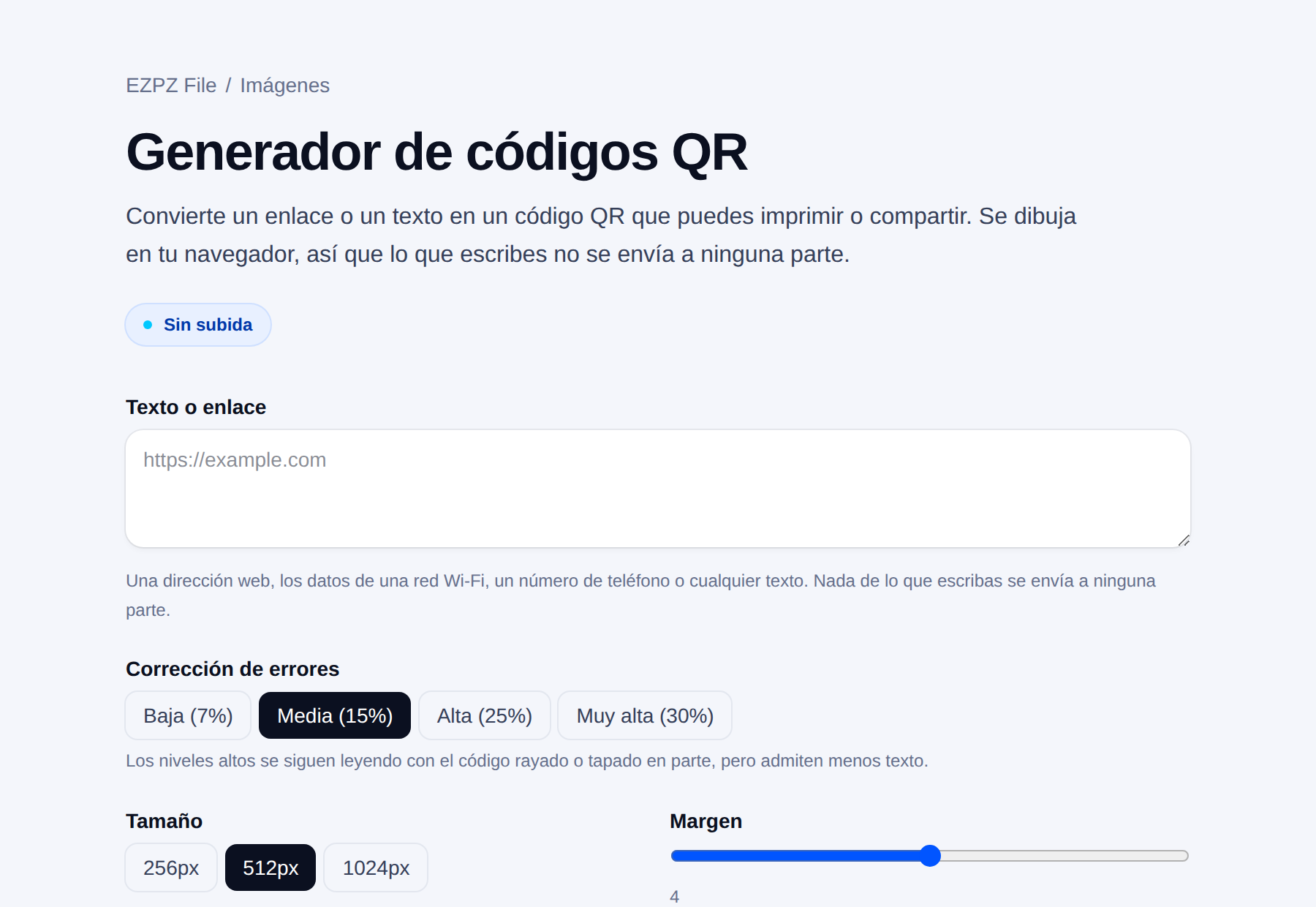 El generador de códigos QR de EZPZ File, con un campo de texto y ajustes de corrección de errores, tamaño y margen.