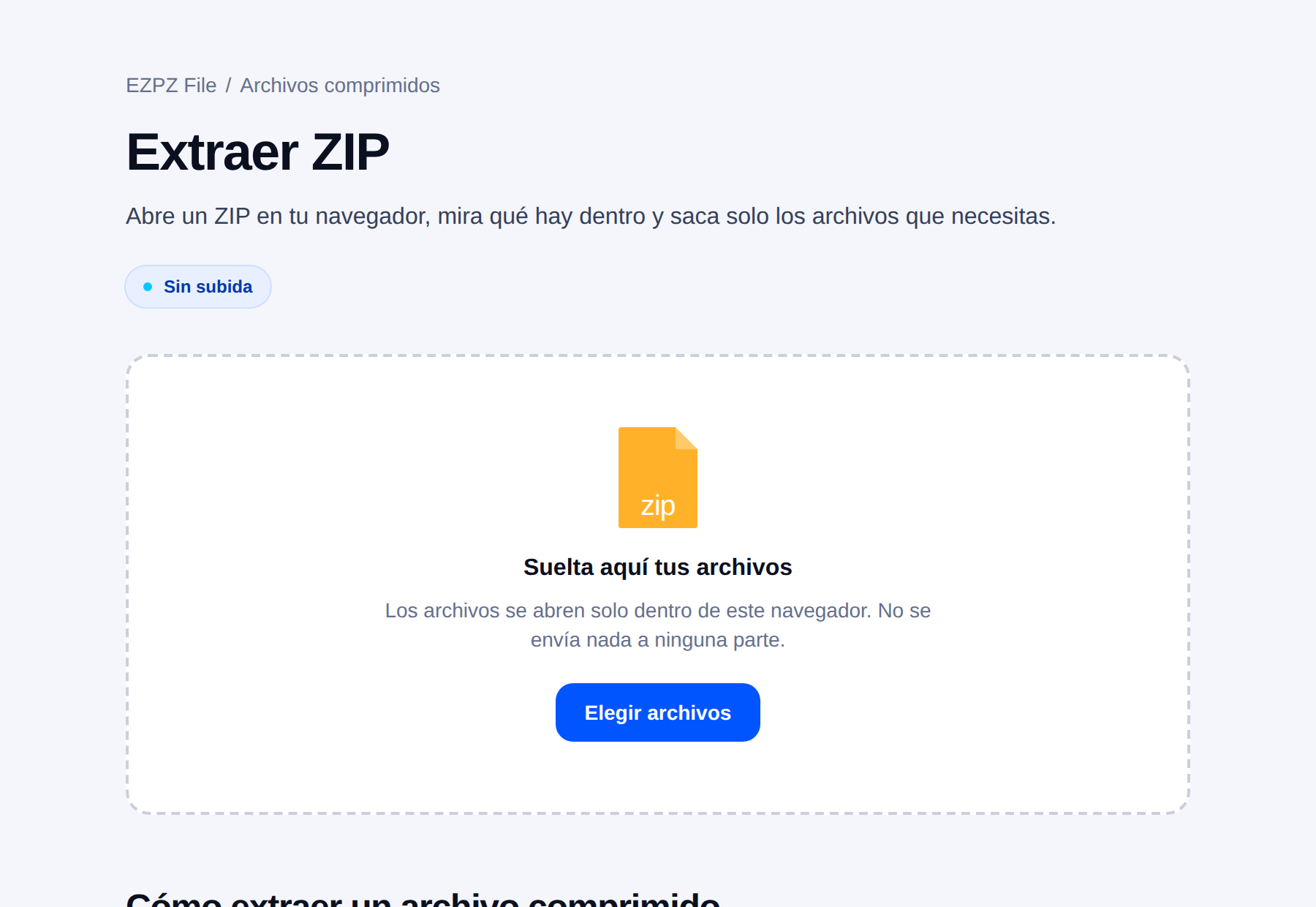 La herramienta de descompresión de EZPZ File, con una zona para soltar archivos en el centro.