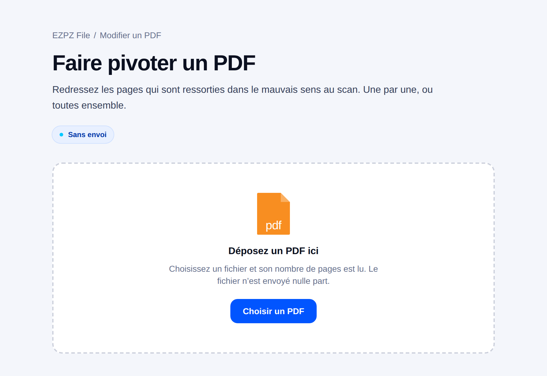 L’outil de rotation PDF d’EZPZ File, avec une zone de dépôt au centre.