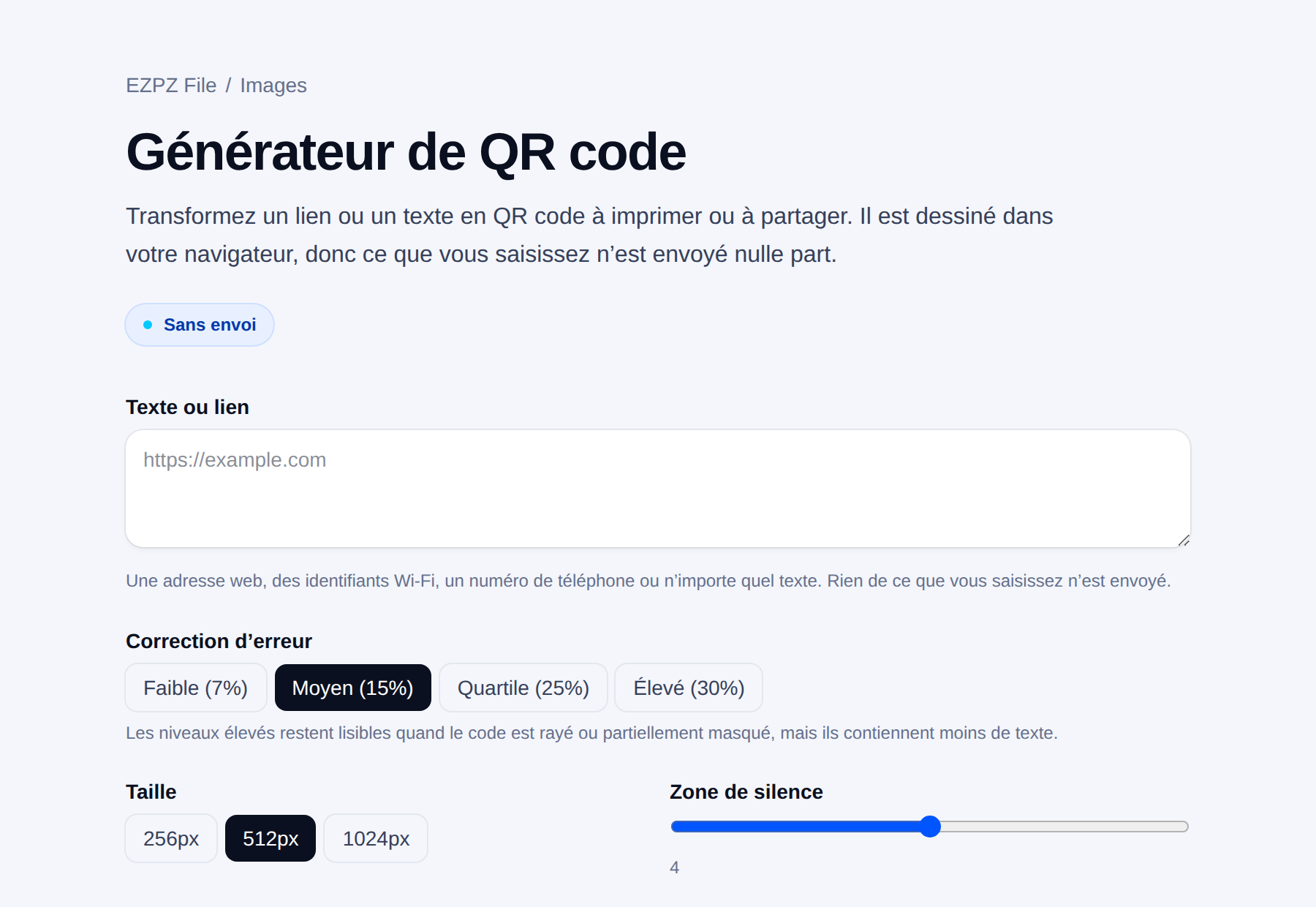 Le générateur de QR code d’EZPZ File, avec un champ texte et des réglages de correction d’erreur, de taille et de marge.