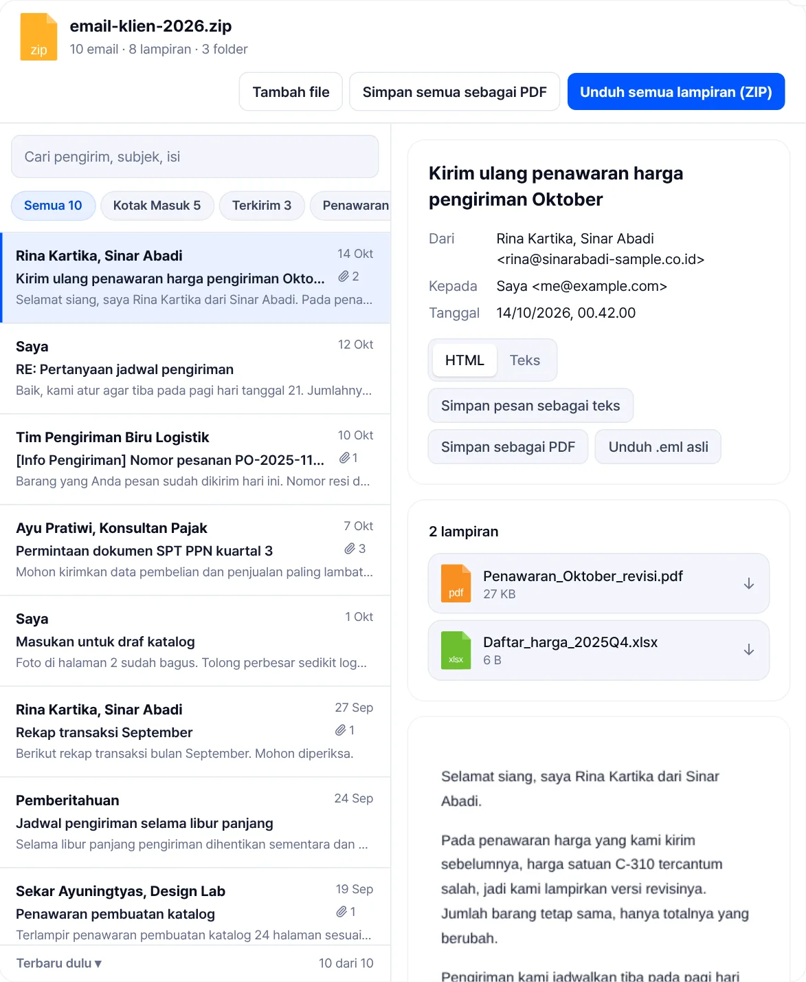 Penampil EML dalam mode kotak surat: di atas ada filter folder Kotak Masuk, Terkirim, dan Penawaran, di kiri daftar email, di kanan email yang dipilih.