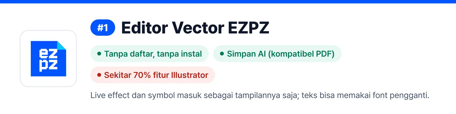 Banner Editor Vector EZPZ di peringkat 1, merangkum kelebihan dan kelemahannya (Tanpa daftar, tanpa instal, Simpan AI (kompatibel PDF), Sekitar 70% fitur Illustrator), untuk membantu menilai apakah cocok untuk memperbaiki file AI yang Anda terima.