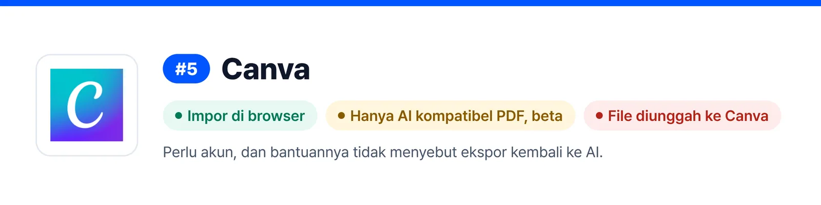 Banner Canva di peringkat 5, merangkum kelebihan dan kelemahannya (Impor di browser, Hanya AI kompatibel PDF, beta, File diunggah ke Canva), untuk membantu menilai apakah cocok untuk memperbaiki file AI yang Anda terima.