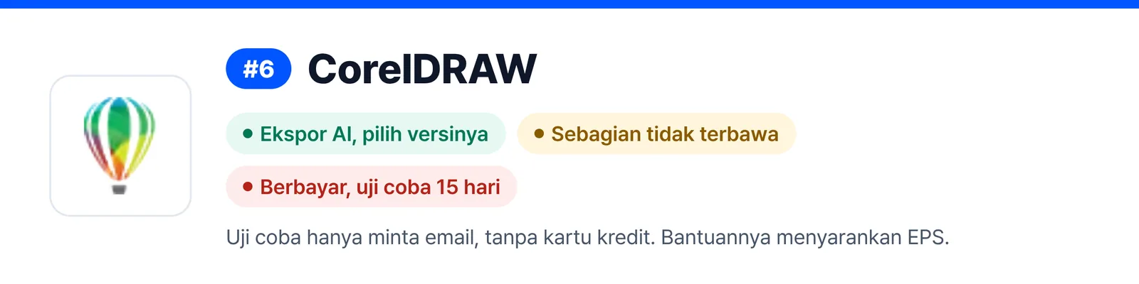 Banner CorelDRAW di peringkat 6, merangkum kelebihan dan kelemahannya (Ekspor AI, pilih versinya, Sebagian tidak terbawa, Berbayar, uji coba 15 hari), untuk membantu menilai apakah cocok untuk memperbaiki file AI yang Anda terima.