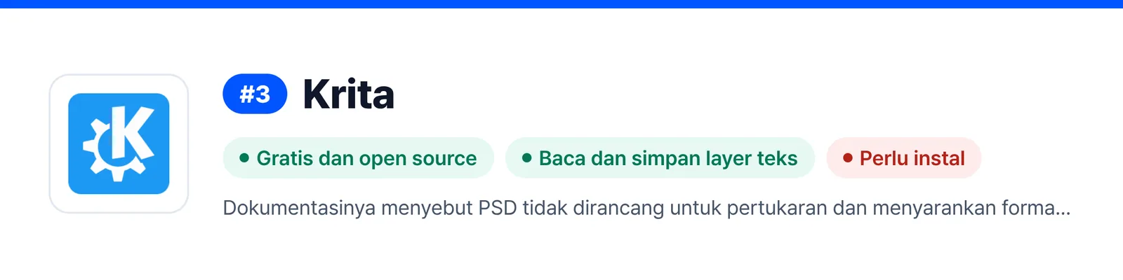 Banner Krita di peringkat 3, merangkum kelebihan dan kelemahannya (Gratis dan open source, Baca dan simpan layer teks, Perlu instal), untuk membantu menilai apakah cocok untuk memperbaiki file PSD yang Anda terima.