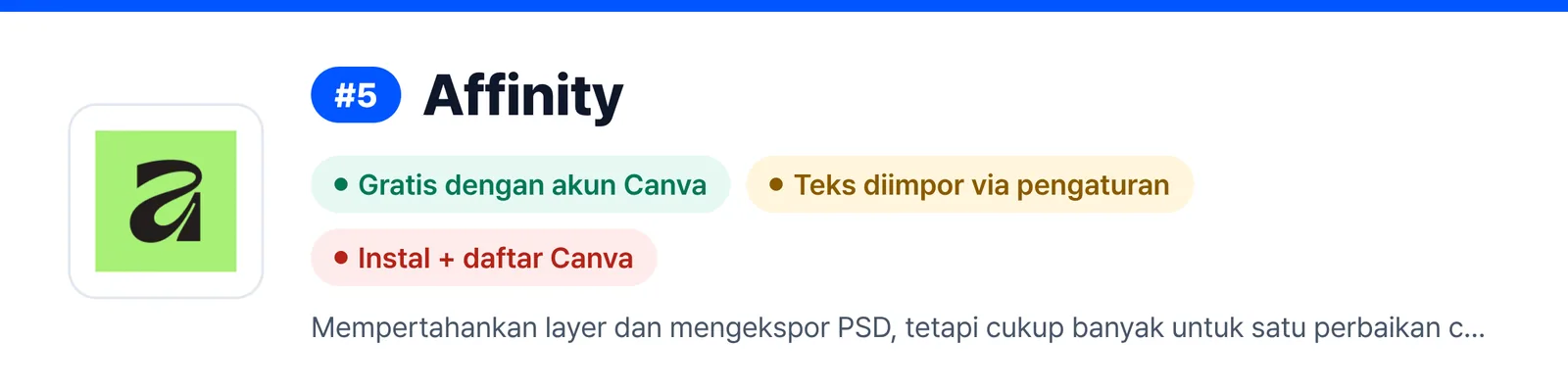 Banner Affinity di peringkat 5, merangkum kelebihan dan kelemahannya (Gratis dengan akun Canva, Teks diimpor via pengaturan, Instal + daftar Canva), untuk membantu menilai apakah cocok untuk memperbaiki file PSD yang Anda terima.