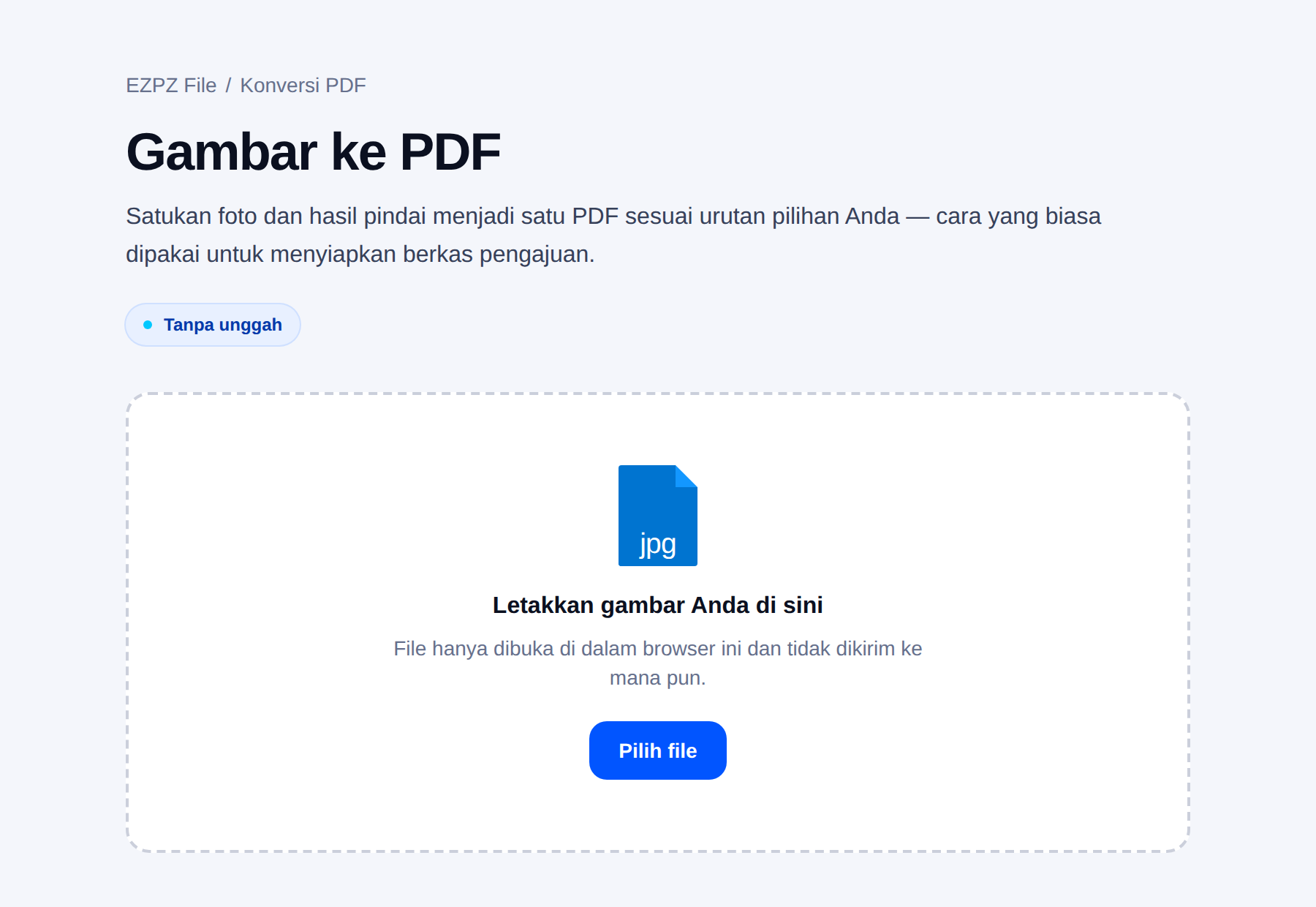 Alat gambar ke PDF milik EZPZ File, dengan area lepas berkas di tengah.