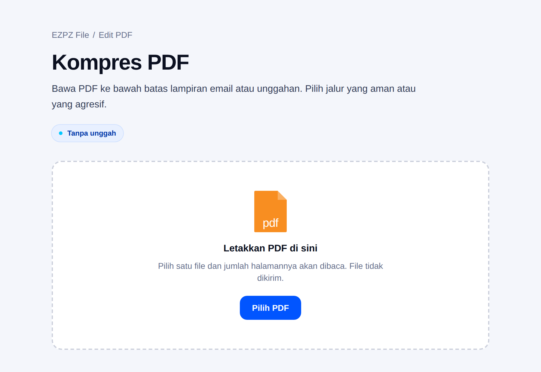 Alat kompresi PDF milik EZPZ File, dengan area lepas berkas di tengah.