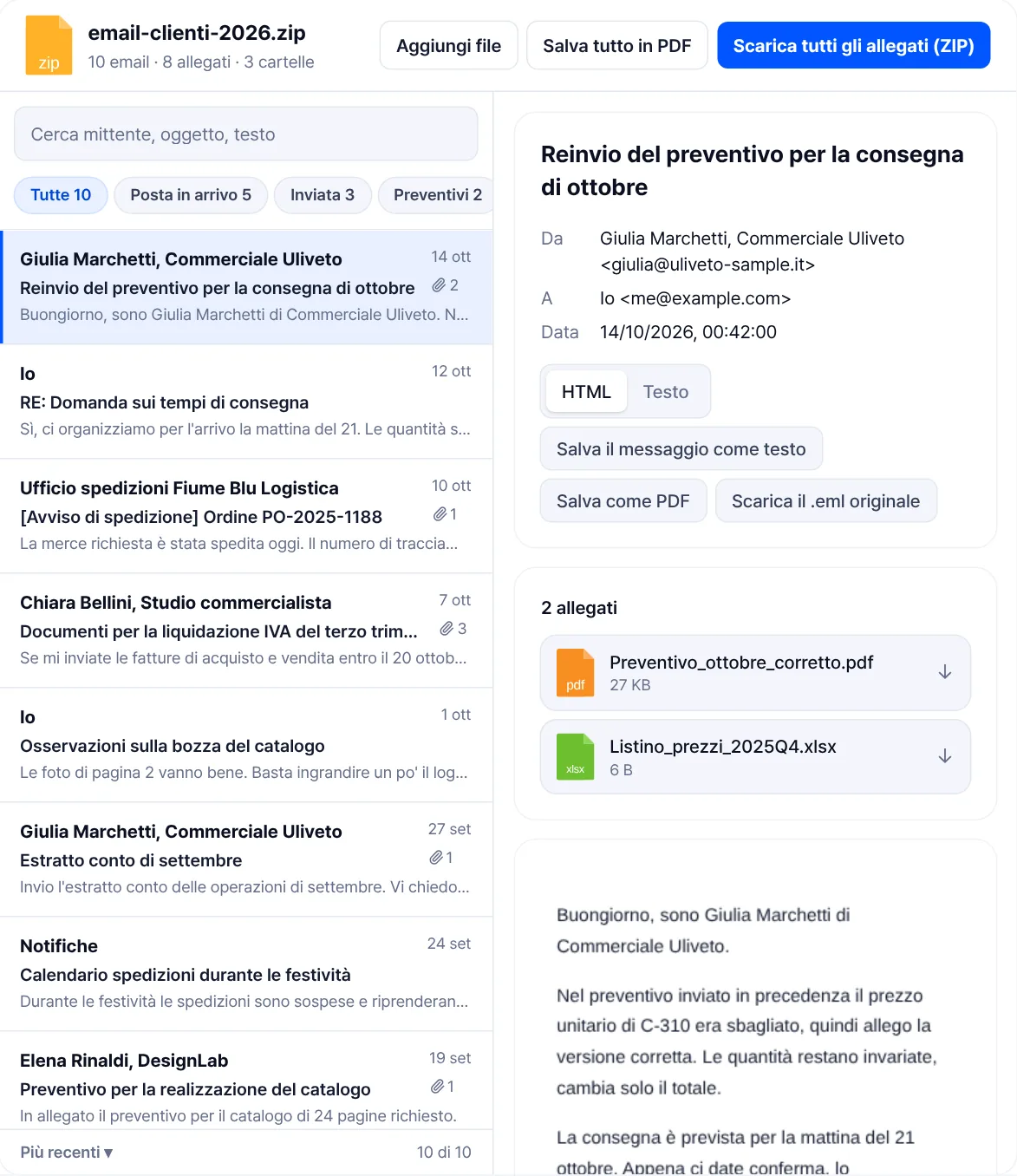 Il visualizzatore EML in modalità casella di posta: in alto i filtri per le cartelle Posta in arrivo, Inviata e Preventivi, a sinistra l’elenco delle email, a destra la email selezionata.