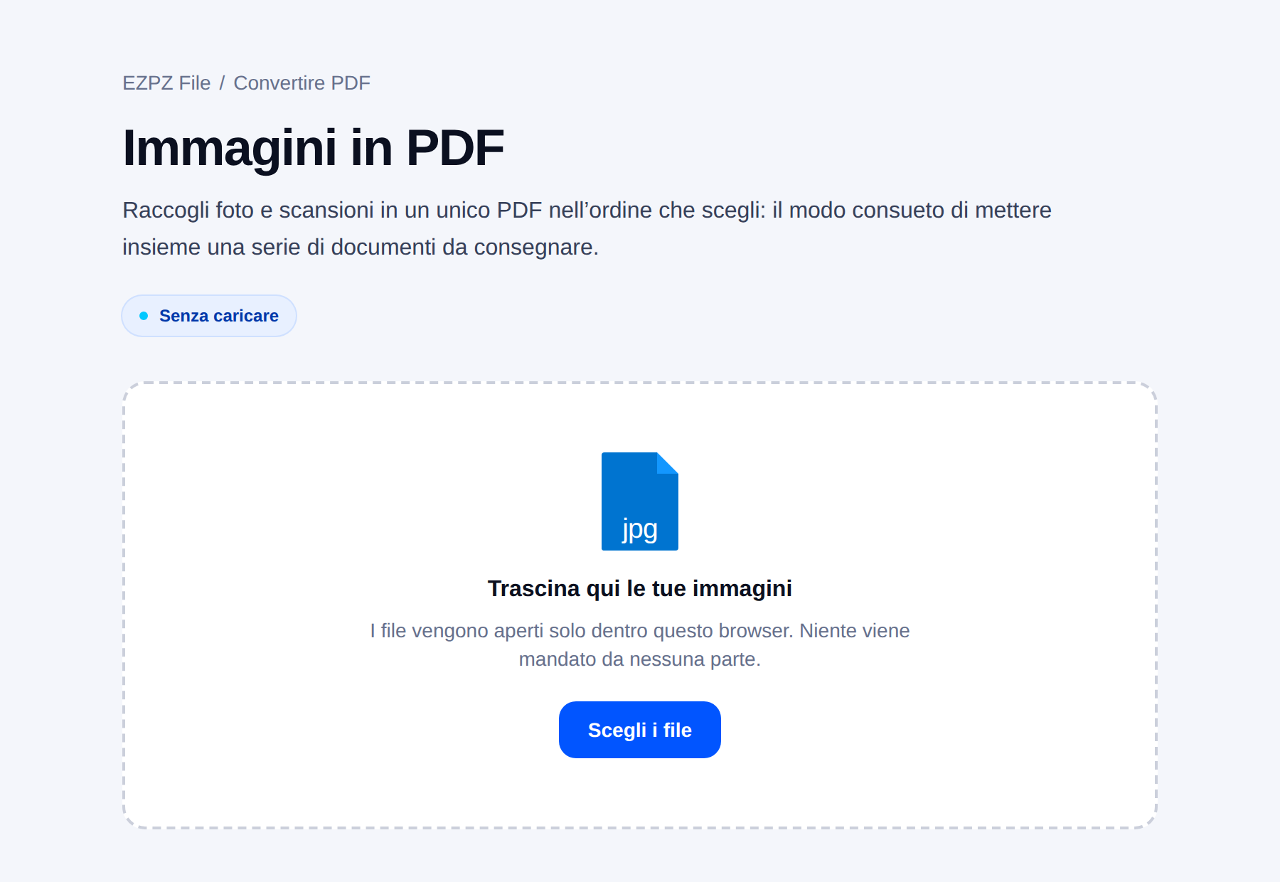 Lo strumento immagini in PDF di EZPZ File, con un’area di rilascio al centro.