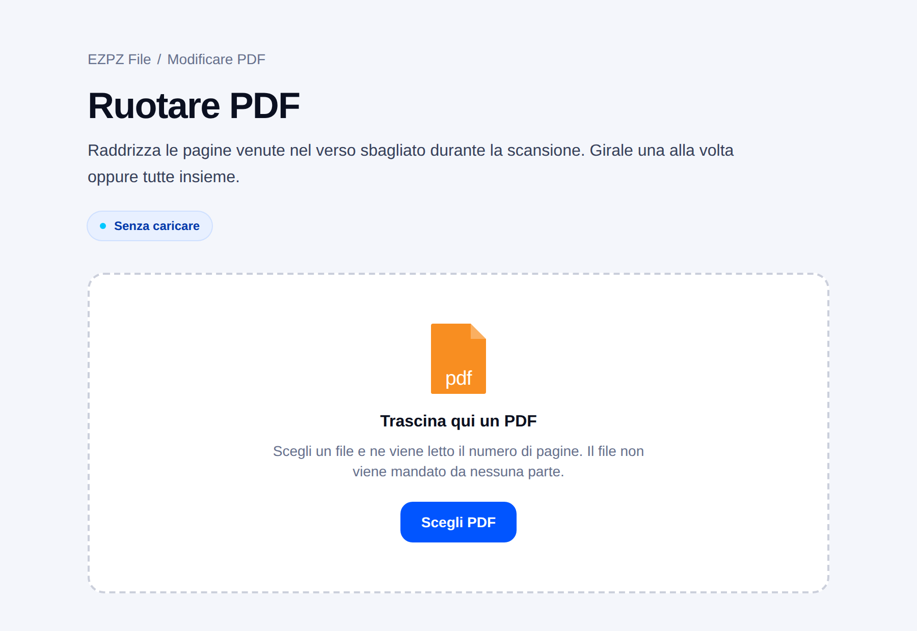 Lo strumento di rotazione PDF di EZPZ File, con un’area di rilascio al centro.