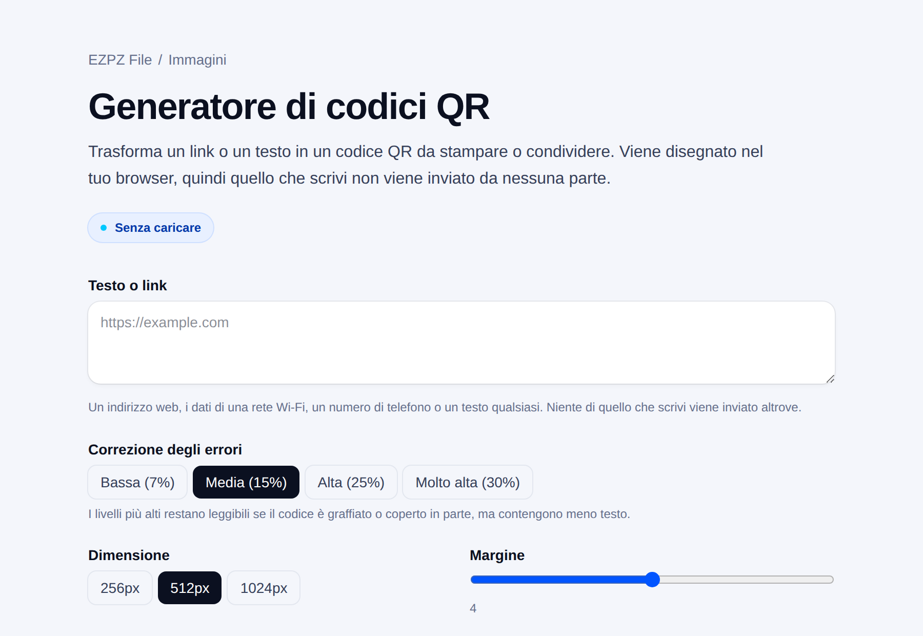 Il generatore di codici QR di EZPZ File, con un campo di testo e le impostazioni di correzione d’errore, dimensione e margine.