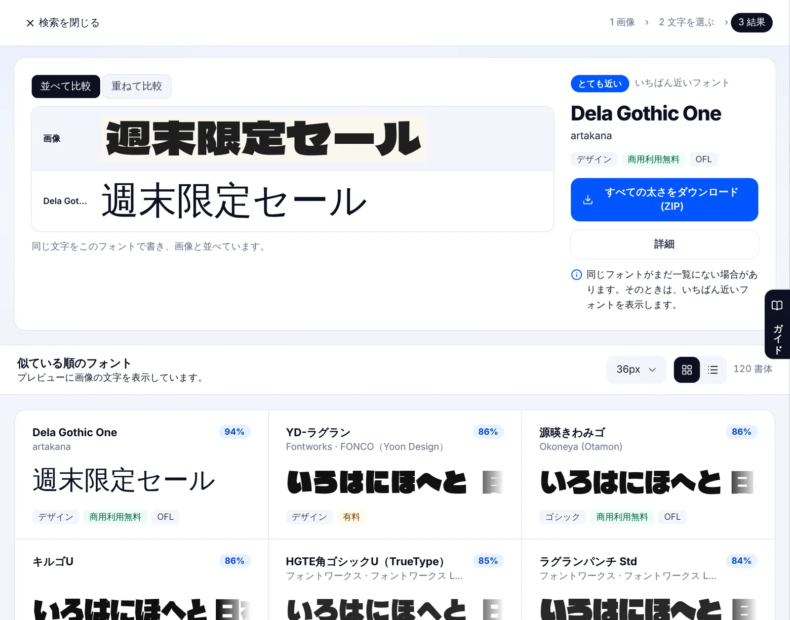 EZPZ フォント検索の結果画面。試し画像と、Dela Gothic One で書き直した同じ文が並び、とても近いのラベルがついている。下には似ている順のフォントカードがパーセントつきで続く。