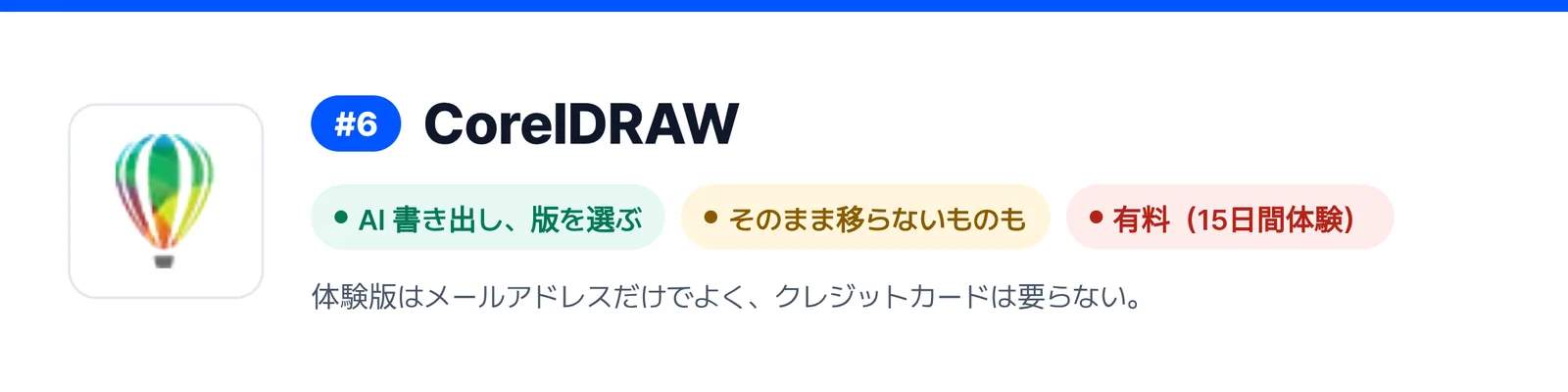 6位の CorelDRAW の強みと弱みを三つにまとめたバナー（AI 書き出し、版を選ぶ、そのまま移らないものも、有料（15日間体験））。届いた AI ファイルを1回直すのに合うかを見きわめる助けになる。