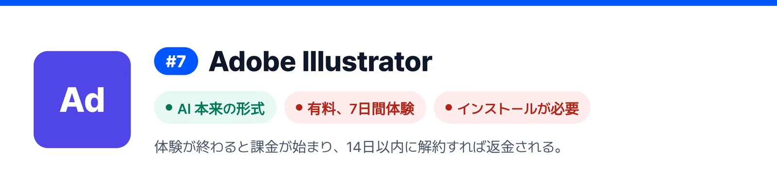 7位の Adobe Illustrator の強みと弱みを三つにまとめたバナー（AI 本来の形式、有料、7日間体験、インストールが必要）。届いた AI ファイルを1回直すのに合うかを見きわめる助けになる。