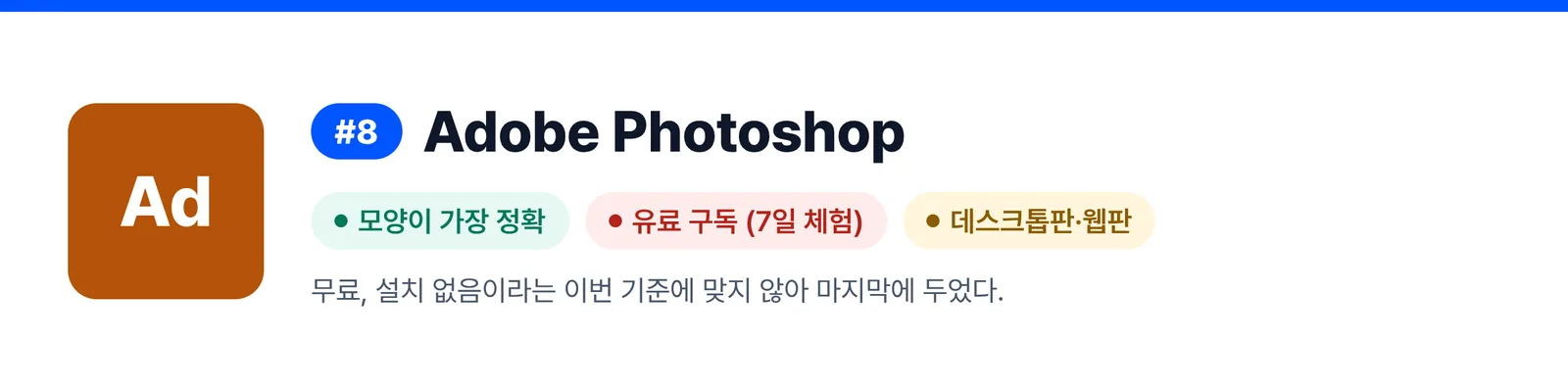 8위 Adobe Photoshop의 강점과 약점을 세 가지로 줄인 배너(모양이 가장 정확, 유료 구독 (7일 체험), 데스크톱판·웹판). 받은 PSD 파일을 한 번 고칠 때 이 프로그램이 맞는지 가늠하게 돕는다.