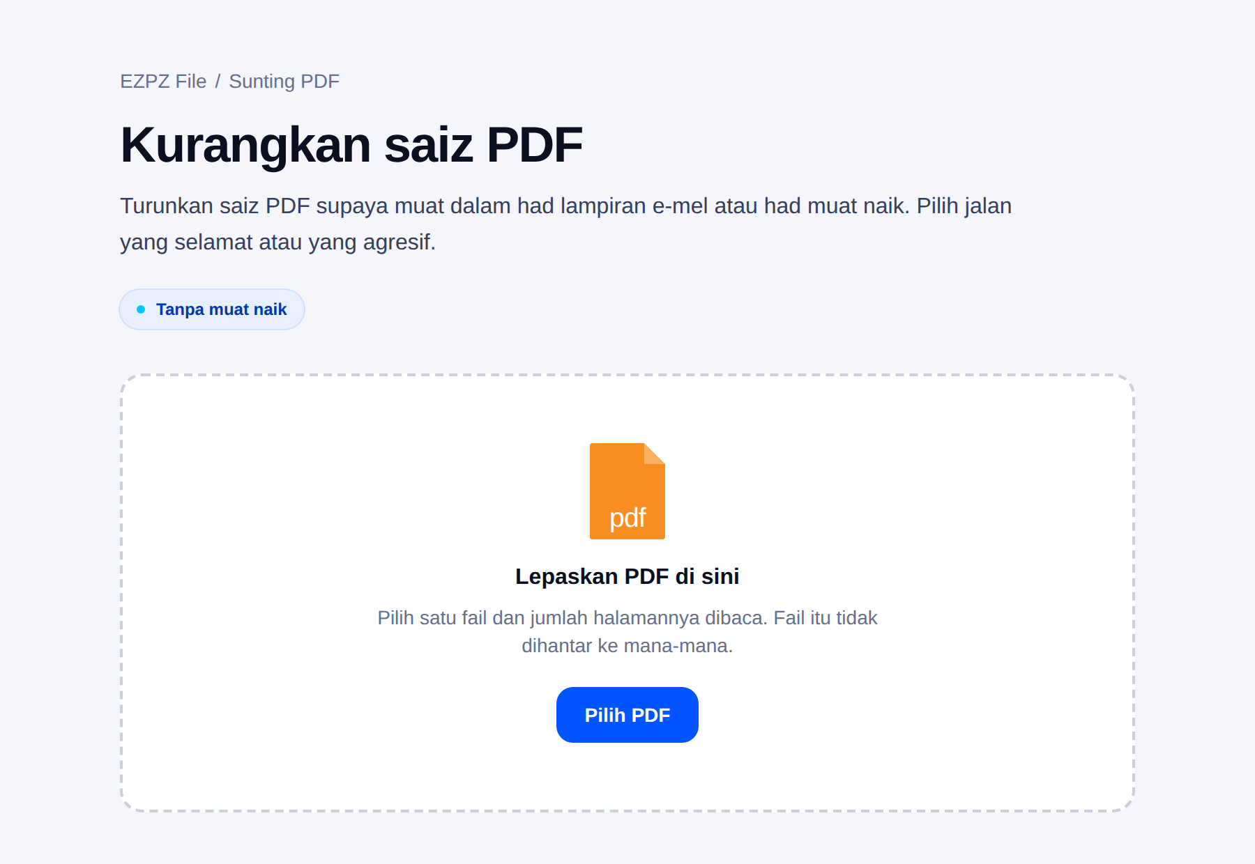 Alat mampatan PDF EZPZ File, dengan kawasan lepas fail di tengah.