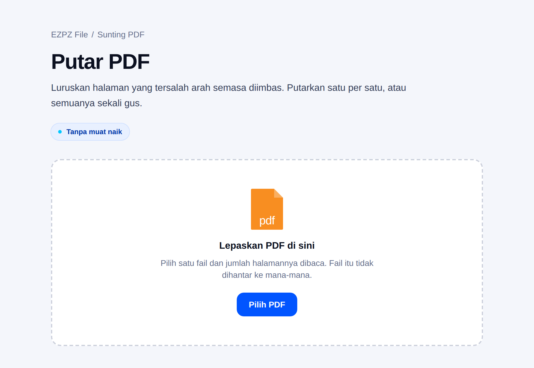 Alat putaran PDF EZPZ File, dengan kawasan lepas fail di tengah.