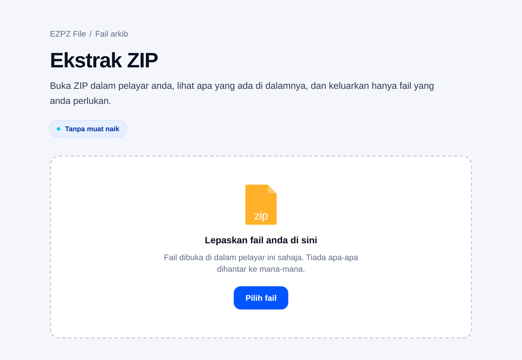 Alat ekstrak arkib EZPZ File, dengan kawasan lepas fail di tengah.