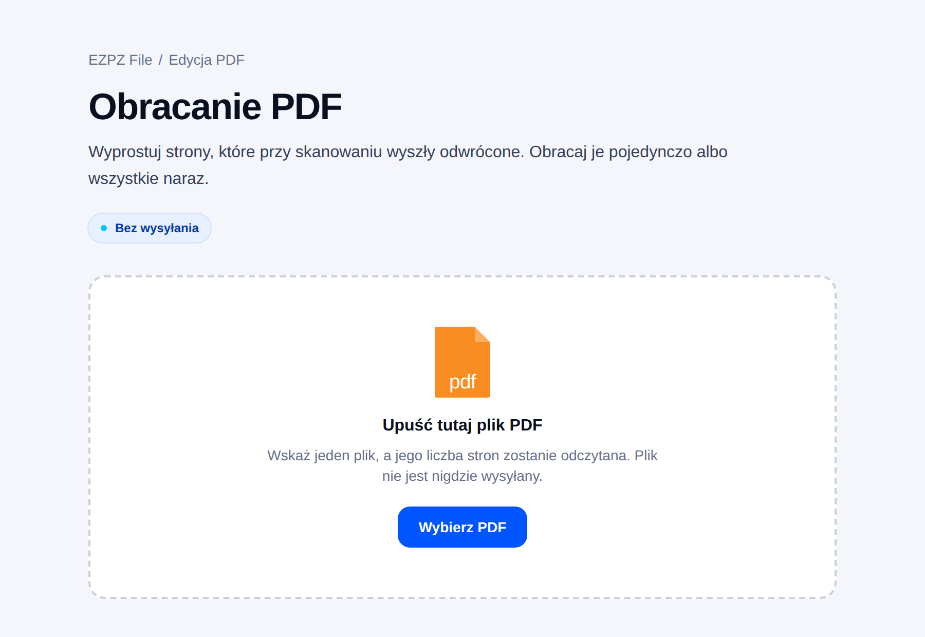 Narzędzie EZPZ File do obracania stron PDF, z polem upuszczania plików na środku.