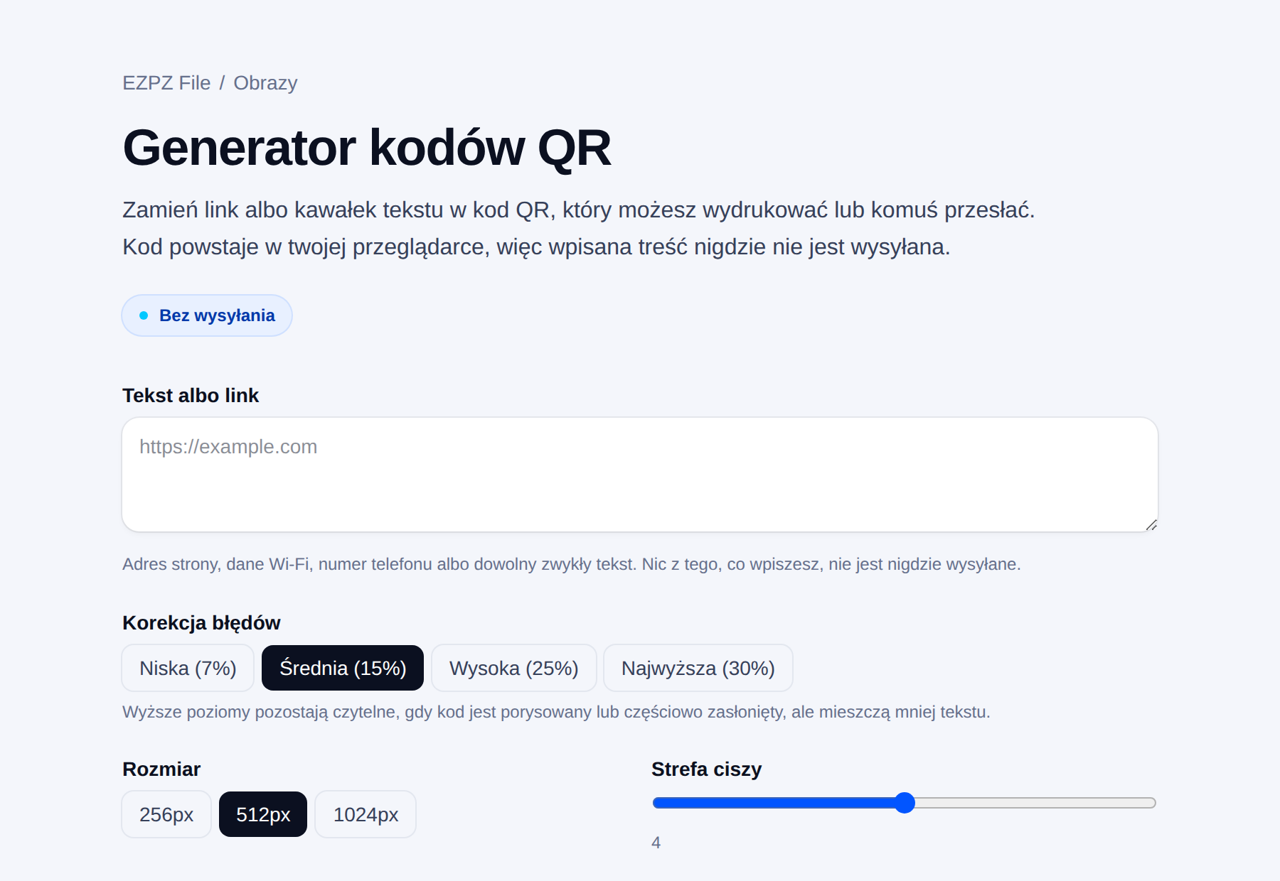 Generator kodów QR w EZPZ File, z polem tekstowym oraz ustawieniami korekcji błędów, rozmiaru i marginesu.